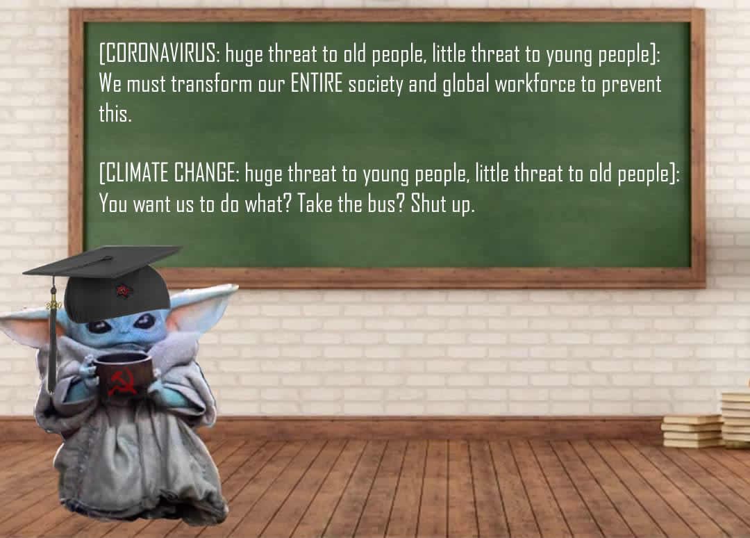 This meme is a humorous image of a cartoon character, Baby Yoda, sitting at a desk in a classroom setting. The character is wearing a graduation cap and holding a diploma, but instead of celebrating a traditional graduation, it's reading a sarcastic and ironic message about the impact of climate change and the COVID-19 pandemic on society. The text reads: "In a world where climate change is destroying our planet and a deadly virus is killing millions, we must adapt and find a way to survive."